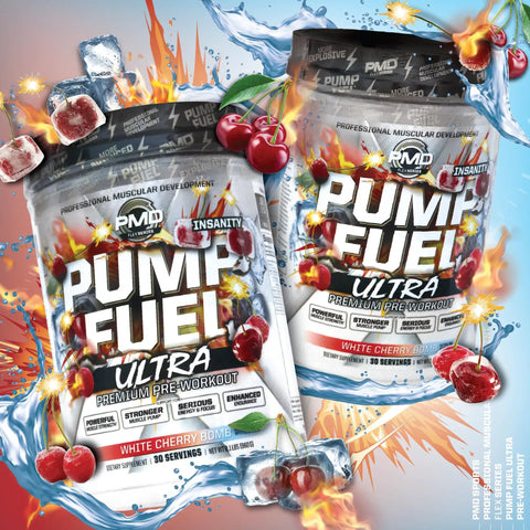Pump Fuel Ultra Premium Pre-Workout Powder packaging with cherry and ice cube graphics