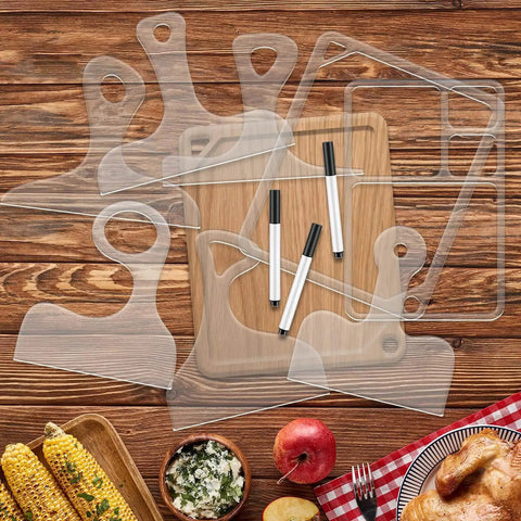 Eight Piece Router Templates Set For Woodworking And Charcuterie Boards, Six Charcuterie Board Templates, Two Tray Templates, And Three Pens