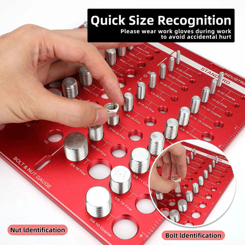 Pro Grade Nut And Bolt Thread Checker Gauge Kit With 42 Size Guide for fasteners showing nut and bolt identification in use.