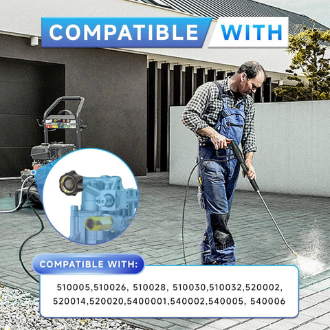 Man using a pressure washer in a courtyard with compatibility information for various Simpson models displayed.