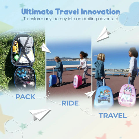 Children using Unicorn Ride On Scooter Suitcase for Kids That Doubles As Travel Luggage with Built In Scooter and LED Wheels outdoors