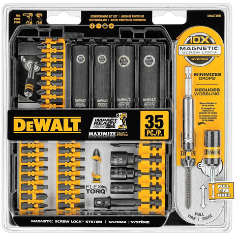 Impact Driver Bit Set With FlexTorq For Quick Bit Changes, 35 Piece Screwdriver Bit Kit With Clear Lid And Bit Bar Storage System, Clip Latch For Secure Closure, Worksite Ready By DeWalt.