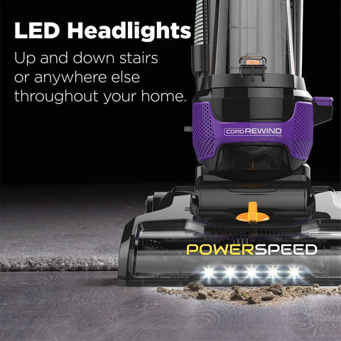 Eureka PowerSpeed upright vacuum cleaner, purple, lightweight with LED headlights and automatic cord rewind.