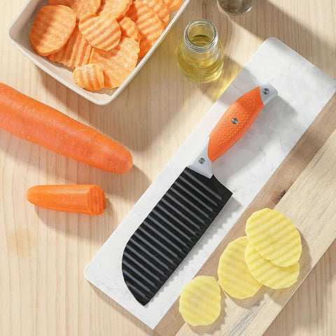 Crinkle Cut Knife For Veggies And Fries With Stainless Steel Wave Blade And Ergonomic Handle VITUER on cutting board with veggies