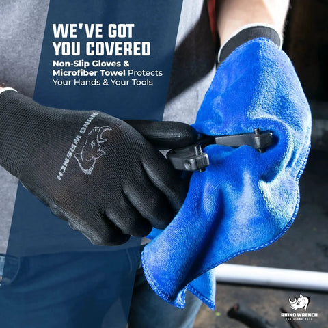 Person using gland nut wrench set of two adjustable hydraulic cylinder spanners with microfiber towel and gloves