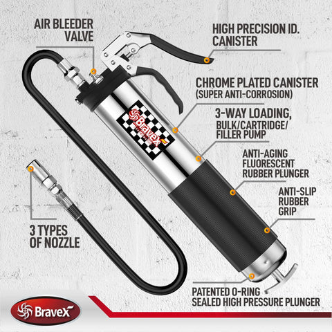Bravex pistol grip grease gun with 18-inch flex hose, chrome canister, anti-slip grip, 3 nozzle types
