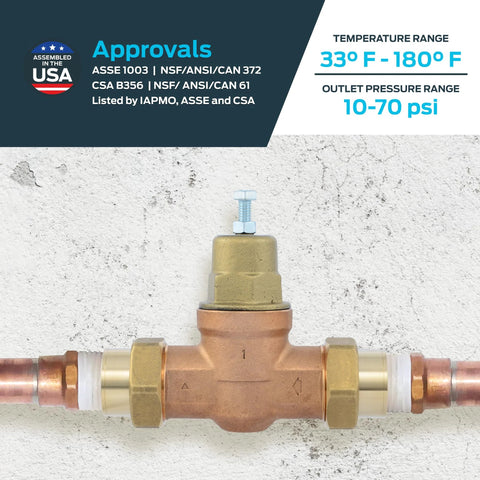 Cash Acme EB45 pressure regulating valve, double union, 1-inch NPT female, brass body with metal top on copper piping.