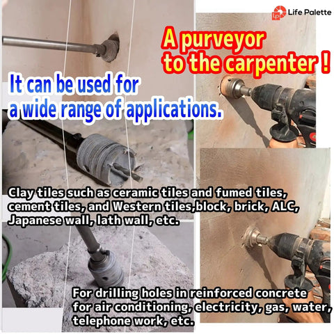 Five-In-One Hole Saw Kit With 7.9 Inch Pilot Drill For SDS Plus Hammer Drills setup drilling into a brick wall