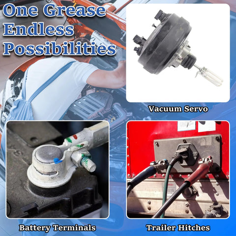 Horex Automotive Dielectric Grease 20g silicone lubricant for electrical terminals; collage shows vacuum servo and battery terminals.