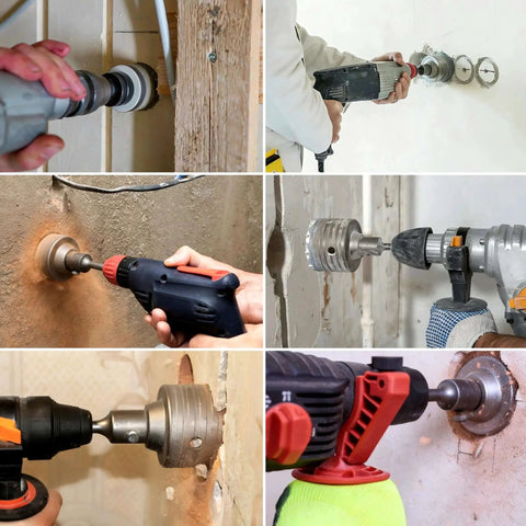 Beefy 35 Piece Concrete Hole Saw Kit With 30 40 50 65 80 100 110 Mm Bits Heavy Duty Tungsten Carbide Construction in use on concrete walls.