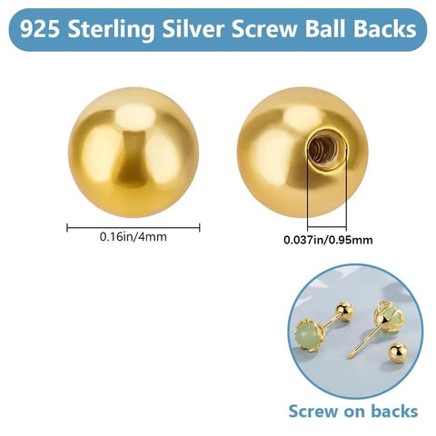 1 Pair Screw Ball Backings For 0.95mm Threaded Posts, 3mm To 4mm Round Ball Stud Earring Stoppers, Gold Plated 925 Sterling Silver