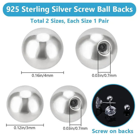 925 Sterling Silver Screw Ball Backings For Earrings 3 To 4 Mm Round Ball Earring Stoppers, showing size and compatibility