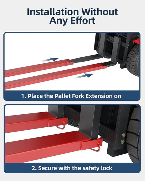 96 Inch Forklift Pallet Extensions For Heavy Lifting And Safer Stacking, 5500 Lbs Capacity, 5.3 Inch Wide Heavy Duty Fork Extensions Pair For Forklifts, Durable Q235 Alloy Steel Construction shown in installation steps.