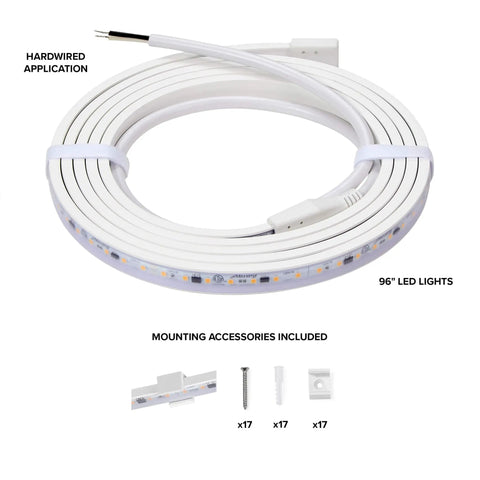 96 Inch Hardwired LED Under Cabinet Strip Light With 3680 Lumens At 3000K Warm White, coiled with mounting accessories shown.