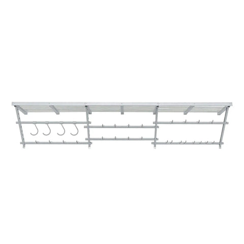 Top view of a 96 Inch Wide Wall Mounted Utility Storage Rack With 4 Bike Hooks And 20 Regular Hooks In White for garage organization.