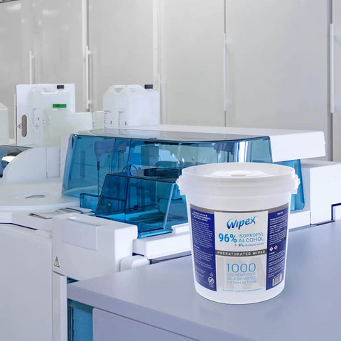 96 Percent Isopropyl Alcohol Wipes 4000 Count Bulk Pack For Cleanrooms Labs And Sensitive Equipment Electronic Tech Wipes SMS Cloth Economy Size 4 Pack in a lab setting.