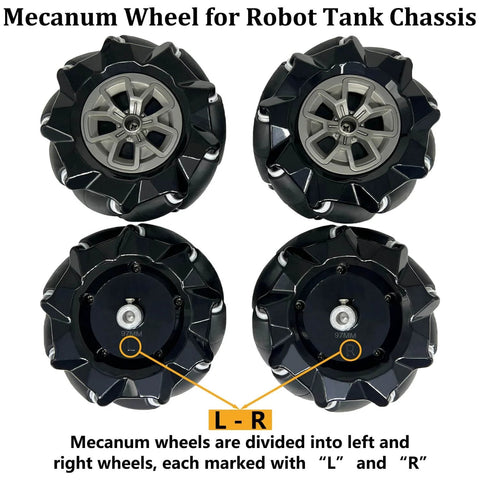 Premium 97mm Mecanum Wheel, 4WD Omnidirectional Wheels DIY Robot Parts with 4mm Metal Coupling Motor Connector Tire for AGV Smart Robot, Omni Wheel Robot Car Accessories for Arduino, showing left and right markings
