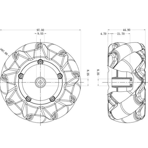 97mm omnidirectional wheel design for Mecanum Wheel 4WD Metal Robot Car Chassis Learning Kit in black.