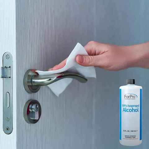 99 Percent Isopropyl Alcohol For Surface Cleaning Unscented 32 Fl Oz USA Made Methanol Free bottle and door handle being cleaned