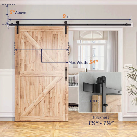 9ft Barn Door Hardware Kit with I shape hanger installed on wooden door, showing sliding track system with 54-inch width max and dimensions.