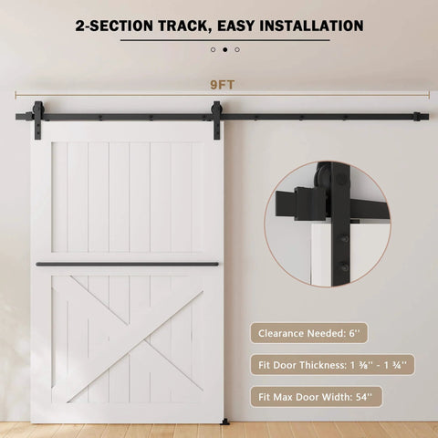 9FT Sliding Barn Door Hardware Kit for Single Doors up to 54 Inch installed with carbon steel track and nylon rollers
