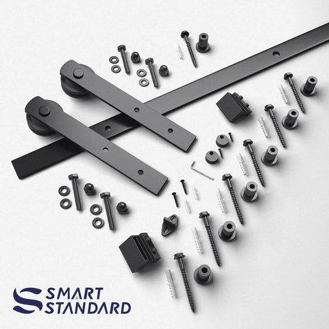 9ft Barn Door Hardware Kit with I shape hanger showing carbon steel track, screws, and components for single door installation