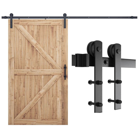 9ft Barn Door Hardware Kit with I shape hanger, heavy duty sliding track system built from carbon steel, shown with wooden door