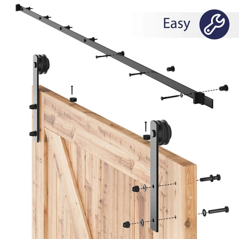 Installation diagram of 9ft Barn Door Hardware Kit with I shape hanger, heavy duty sliding track system for single doors up to 54 inches wide.