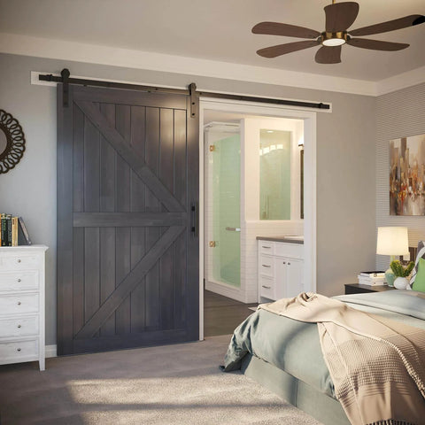 9ft Barn Door Hardware Kit with I shape hanger installed in bedroom, showcasing heavy duty sliding track system for single doors up to 54 inches wide.