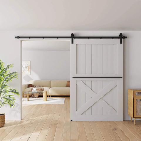 Installed 9FT Sliding Barn Door Hardware Kit for Single Doors up to 54 Inch, heavy duty carbon steel track with smooth nylon rollers in living room