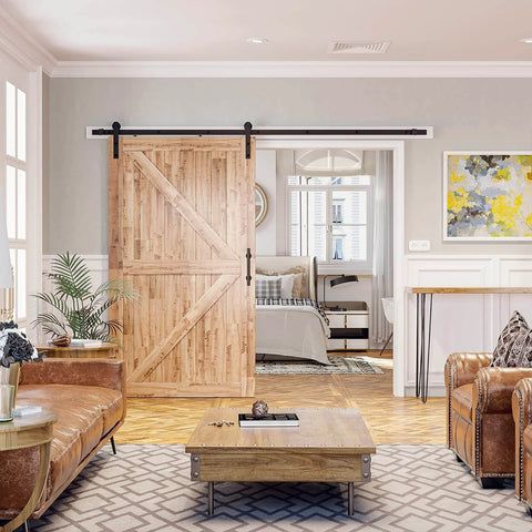 Living room with installed 9ft Barn Door Hardware Kit with I shape hanger, wood door panel up to 54 inches, carbon steel track.