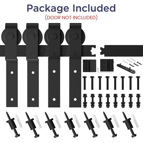 9 Feet Bypass Sliding Barn Door Hardware Kit for Double Wooden Doors with Single Track and screws visible