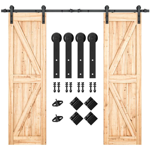 9FT Double Sliding Barn Door Hardware Kit for Two 27 Inch Door Panels, Heavy Duty Carbon Steel Track with Nylon Rollers, Hardware Set