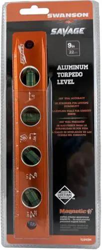 Savage 9 Inch Magnetic Torpedo Level With Four Neodymium Magnets And Four Vials For 30 Degree Conduit Bends Built From Solid Aluminum For Lifetime Durability Bright Orange Finish For Easy Visibility On Any Job Site in packaging.