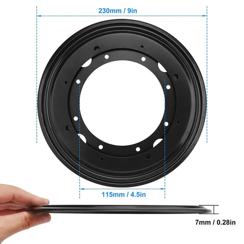 9-inch black lazy Susan turntable bearing plate held sideways with visible dimensions; part of 8 Pack 9 Inch Black Lazy Susan Turntable Bearing Plates And Base Set For Heavy Duty Rotating Tables And Workstations, Solid Metal Construction, Easy Installation, Up To 750 Lbs Load Capacity, Galvanized Steel With Ball Bearings.