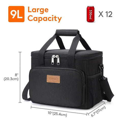 This 9L insulated lunch bag keeps meals fresh and portable with space for 12 cans, water resistant 600D exterior, soft cooler design.