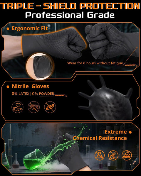 9 Mil Nitrile Gloves With Raised Diamond Grip Chemical Resistant Latex Free showcasing ergonomic fit and extreme chemical resistance