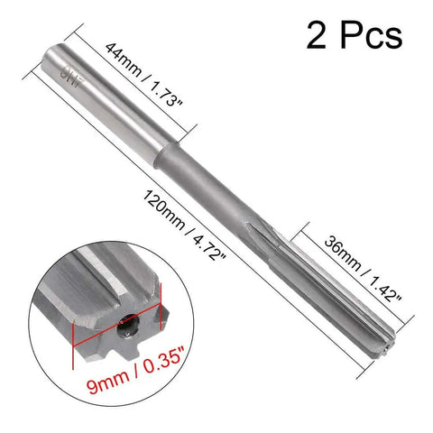 Pro Grade 9mm Chucking Reamer HSS Lathe Tool with 6 Straight Flutes, showing dimensions and close-up of cutting edge.