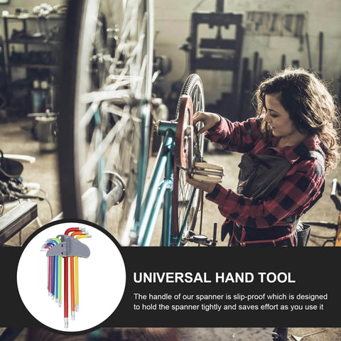 Woman using 9 Piece Colored Star Hex Wrench Set With L Shaped Long Arm Heavy Duty Steel Spanner Tools on machinery
