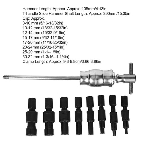 Slide Hammer and Blind Hole Bearing Puller Set with 8-32mm inserts, 9 pcs, and specifications chart