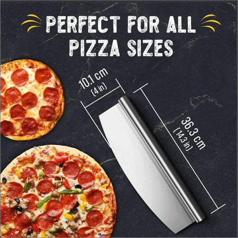14 Inch Pizza Cutter Rocker Blade Heavy Duty Stainless Steel With Safe Plastic Sheath next to fresh pizza on dark surface