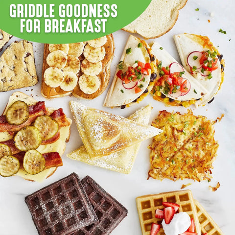 Assorted breakfast foods including waffles and sandwiches made with Electric Waffle Maker And Panini Press With Ceramic Nonstick Plates