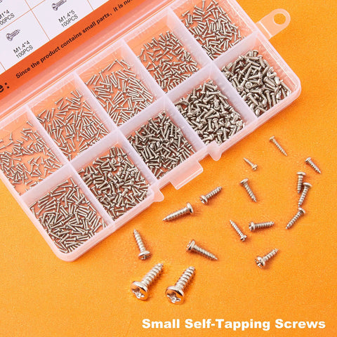 1000 Piece Mini Screw Kit Set With Self Tapping Micro Screws In M1 To M1.7 Sizes Phillips Pan Head Nickel Plated