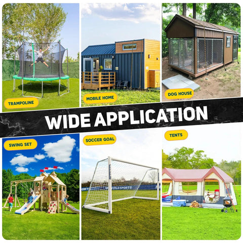 Collage showing applications of 14 Inch Full Spiral Blade Mobile Home Ground Anchor Kit on trampoline, mobile home, dog house, swing set, soccer goal, and tents.