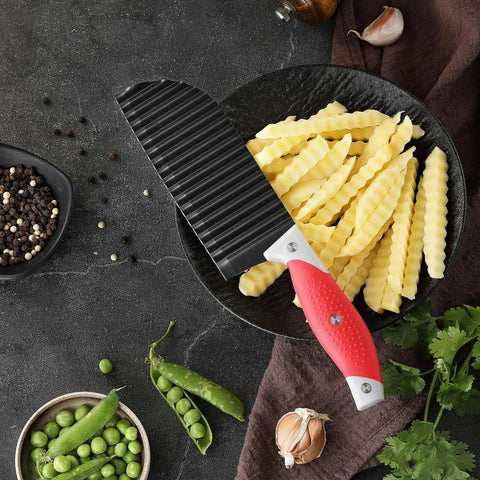 Crinkle Cut Knife For Veggies And Fries With Stainless Steel Wave Blade And Soft Rubber Handle beside crinkled potatoes