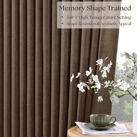 Dual Layer Blackout Curtains 102 Inch Length Two Panels Pinch Pleated For Sliding Glass Doors Flax Linen Texture installed in room