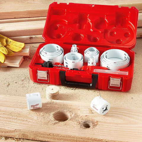 Ice Hardened Hole Saw Kit With 28 Pieces For All Purpose Tough Cuts Built In USA For Up To 50 Percent Longer Life Thanks To Matrix II Bi Metal Teeth And Positive Rake For Fast Cutting Radiused Tooth Back Reducing Tooth Stress.