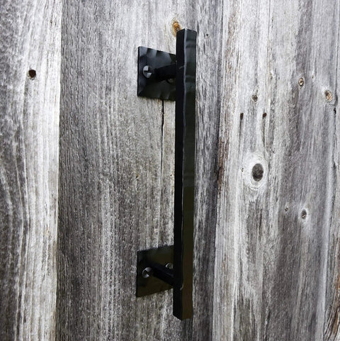 12 Inch Rustic Black Barn Door Handle Pull For DIY Sliding Barn Door Hardware Kit installed on wooden door