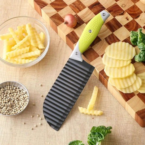 Crinkle Cutter And Wave Fries Maker For Veggies Potatoes Cucumbers Carrots And Fruit With Non Slip Handle And Dishwasher Safe Design For Effortless Slicing And Must Have All In One Creative Crinkle And Wave Cut Fries on cutting board surrounded by sliced potatoes and vegetables.