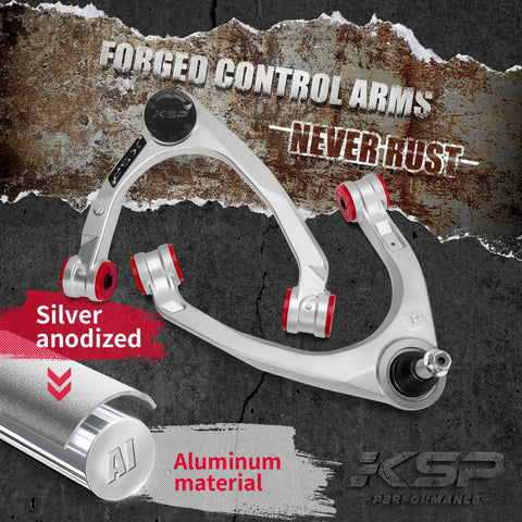 Beefy Aluminum Forged Upper Control Arms For 2 To 4 Inch Lift With Flexible Ball Joint 2 Piece Set, silver anodized finish